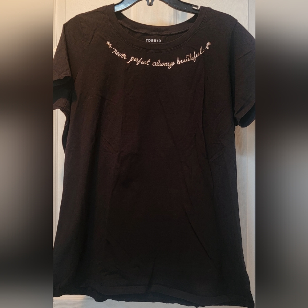 Torrid, Black, Women's Top "Never Perfect always Beautiful" Size 2, Runs Small
